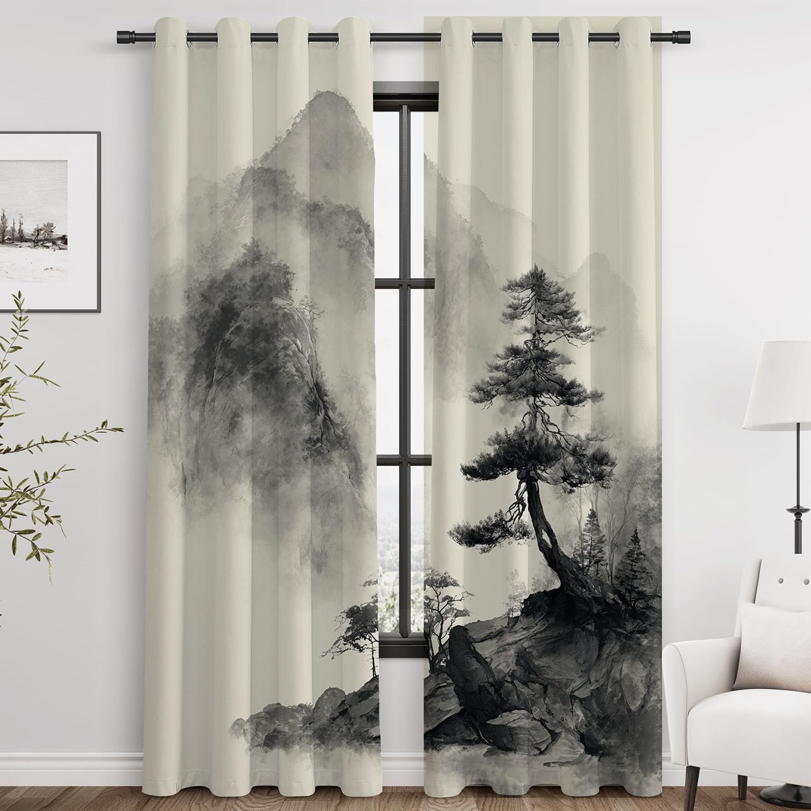 Zasłona nieprzejrzysta na przelotkach, malarstwo tuszowe, zasłony na przelotkach, dekoracyjna, zaciemniająca, zestaw 2 sztuk, wys. 140 x szer. 110 cm (2 sztuki)