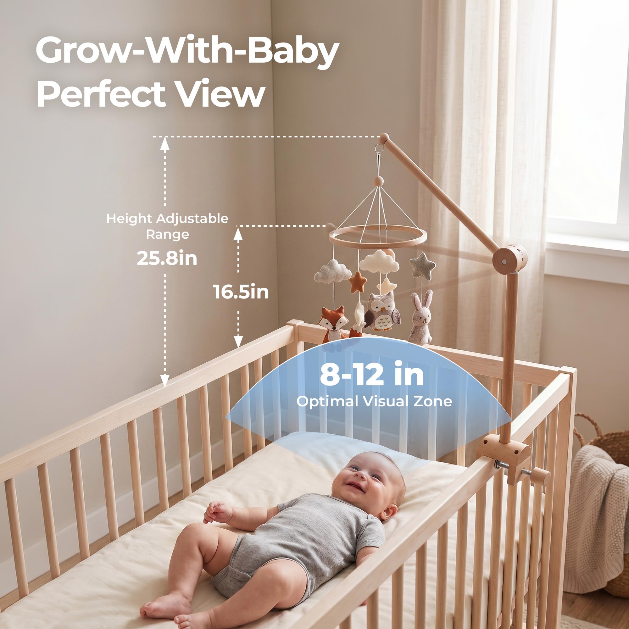 let's make Support mobile en bois pour lit de bébé, bras mobile réglable en hauteur et rotatif à 360° avec base incurvée étendue, accessoire de lit de bébés, décoration