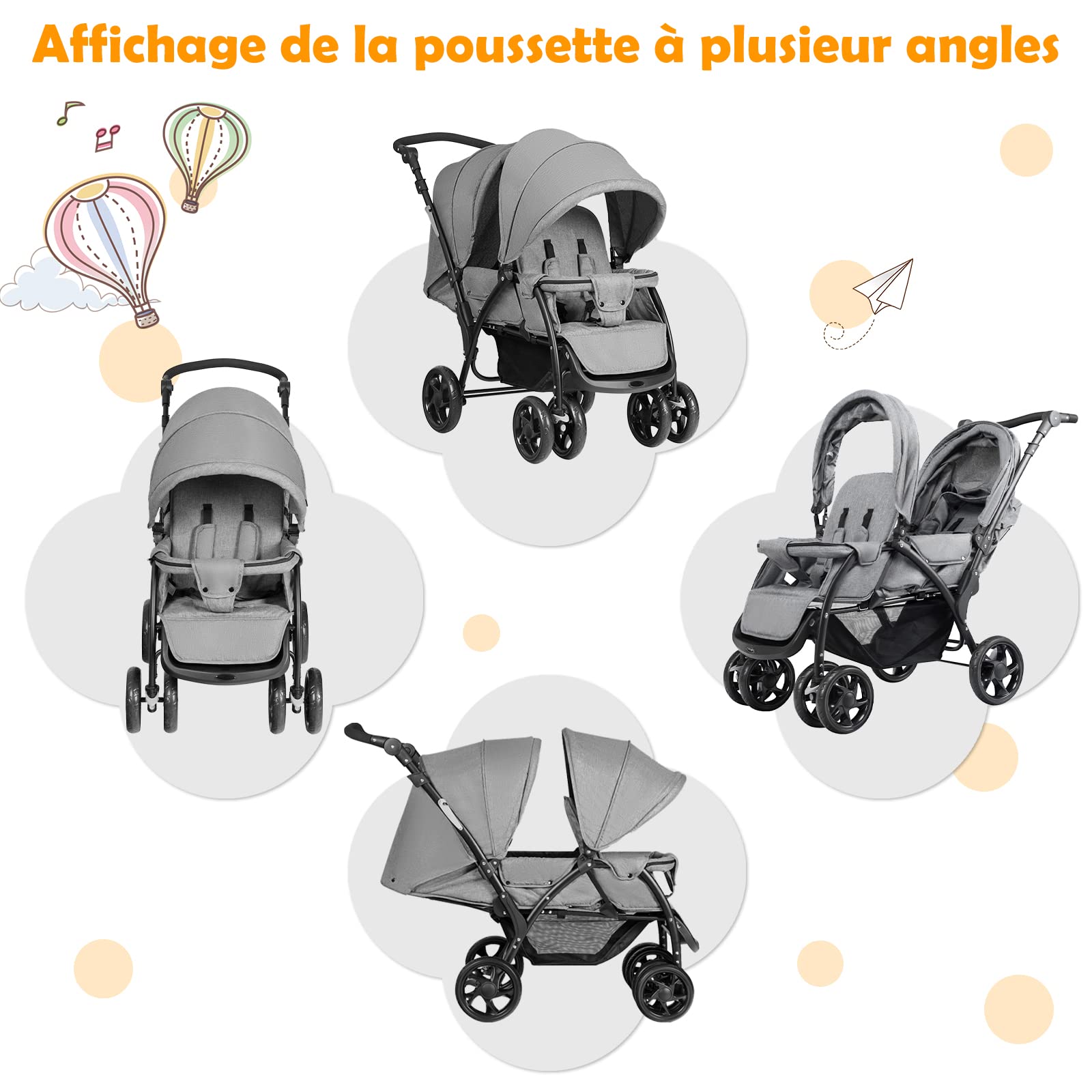 DREAMADE Poussette Double Pliable à 4 Roues avec Freins, Landau pour Bébé avec Ceinture de Sécurité à Cinq Points, Capotes et Pédales Réglables, Charge totale 30kg, Gris