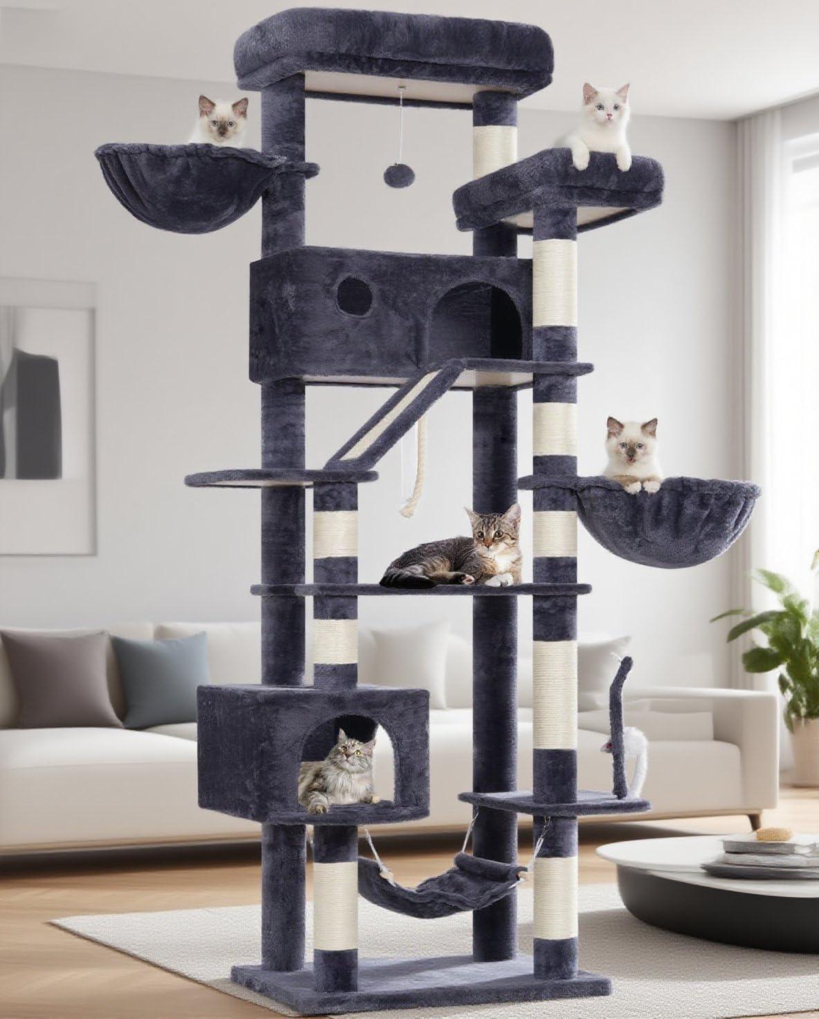 Gitelsnour 78.7 inch Tall Cat Tree with multiple cats on various levels