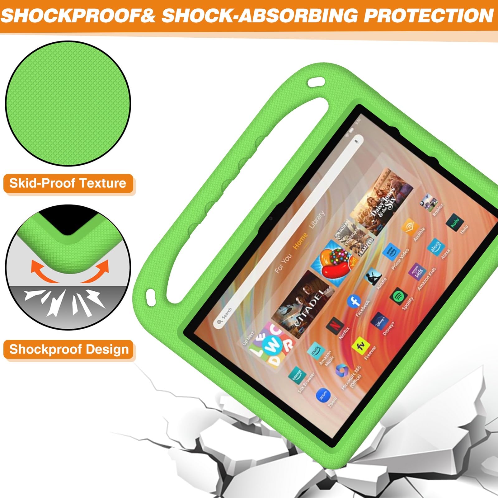 Ochronne etui na tablet Kompatybilny z Kindle Fire HD10 2023, amortyzujący wstrząsy, z uchwytem, ​​EVA, uchwytem, ​​solidne etui na tablet dla dzieci, lekkie Pełna ochrona(Ye?il)