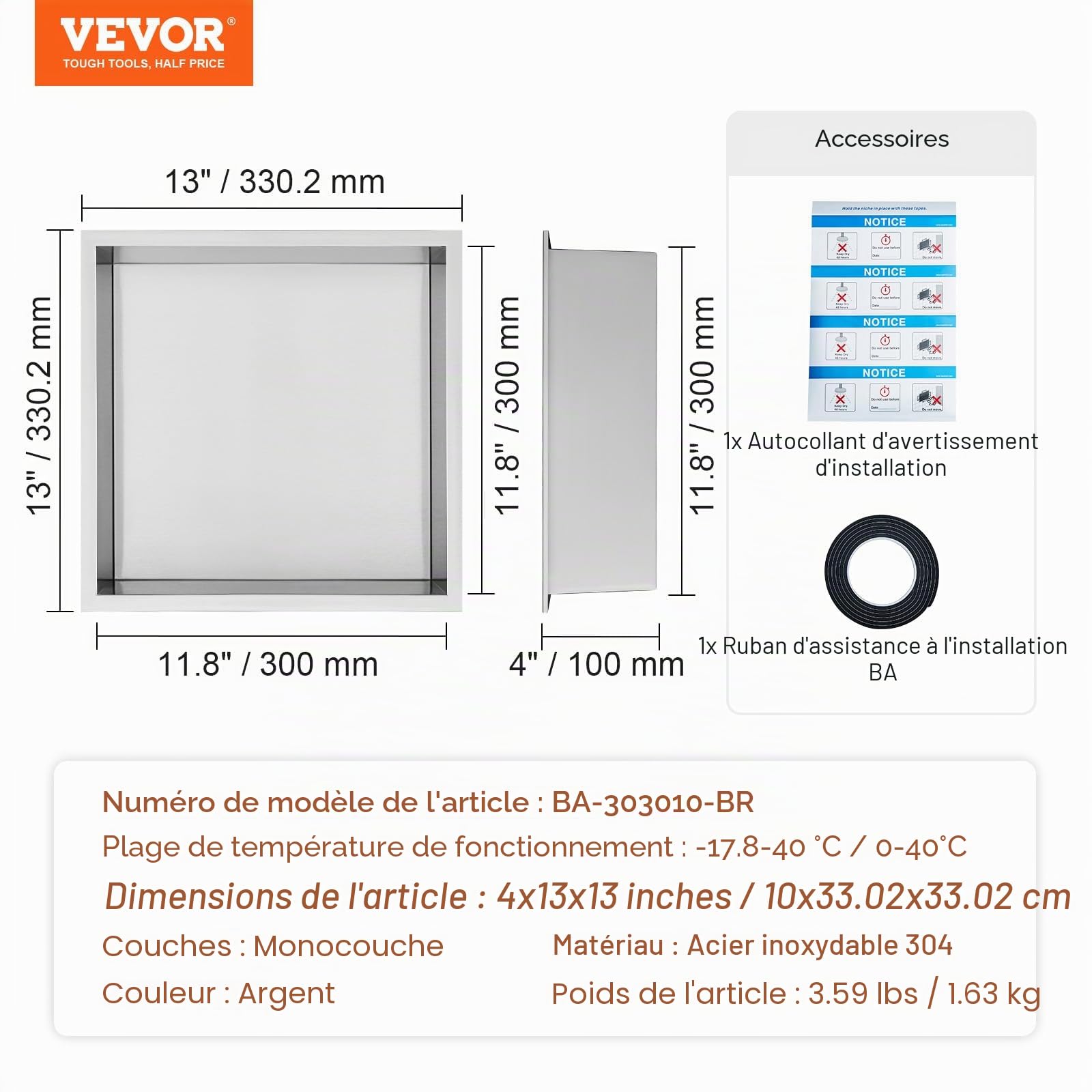 VEVOR Niche Encastrable Salle de Bain 33,02x33,02 cm Niche Douche Murale Double Étagère Acier Inoxydable 304 Scellée Étanche Facile à Nettoyer Moderne pour Stockage Savon Douche Salle de Bains, Argent