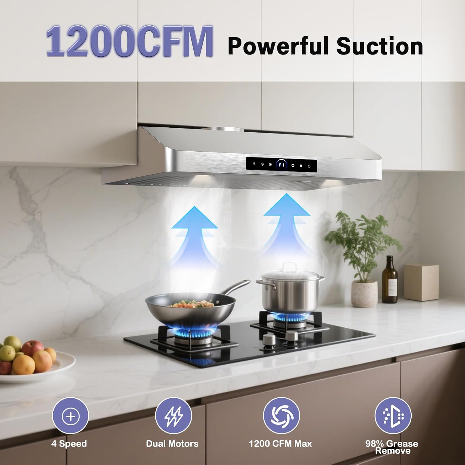 30" Under Cabinet Range Hood,1200CFM Vent Hood with Powerful Suction,4-Speed Exhaust Fan,Stainless Steel Ducted Kitchen Exhaust Hood with Led Lights,Smart Touch Panel, 15S-E30