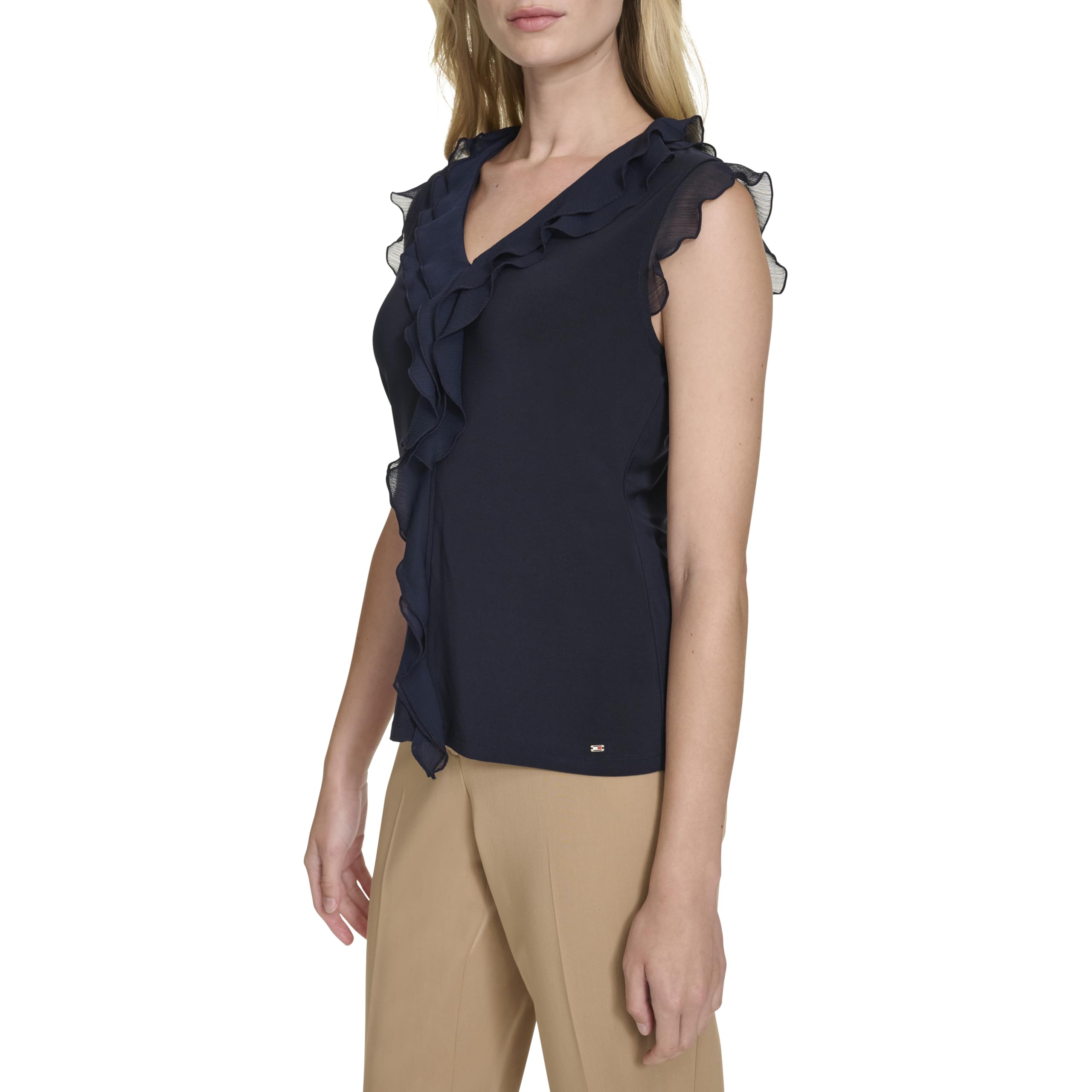 Tommy Hilfiger Sleeveless Mix Media Ruffle Blouse Camicetta Senza Maniche con Volant Mix Media Donna (Pacco da 1)