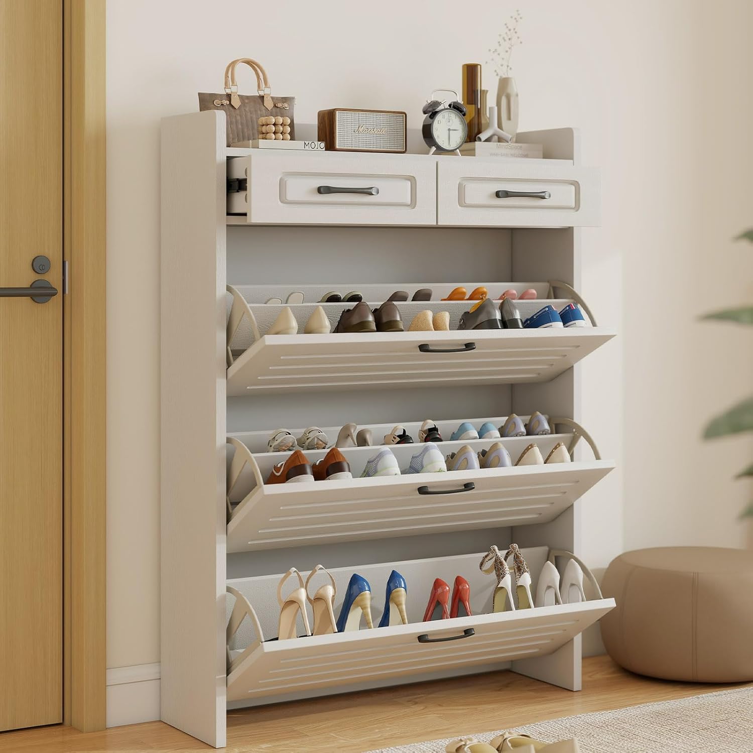 Lakifun Shoe Cabinet for Entryway, Narrow Shoe Storage Cabinet with 3 Flip Drawers and 2 Top Drawers, Modern Shoe Rack Organizer Cabinet for Hallway, Apartment, Living Room, Dark White