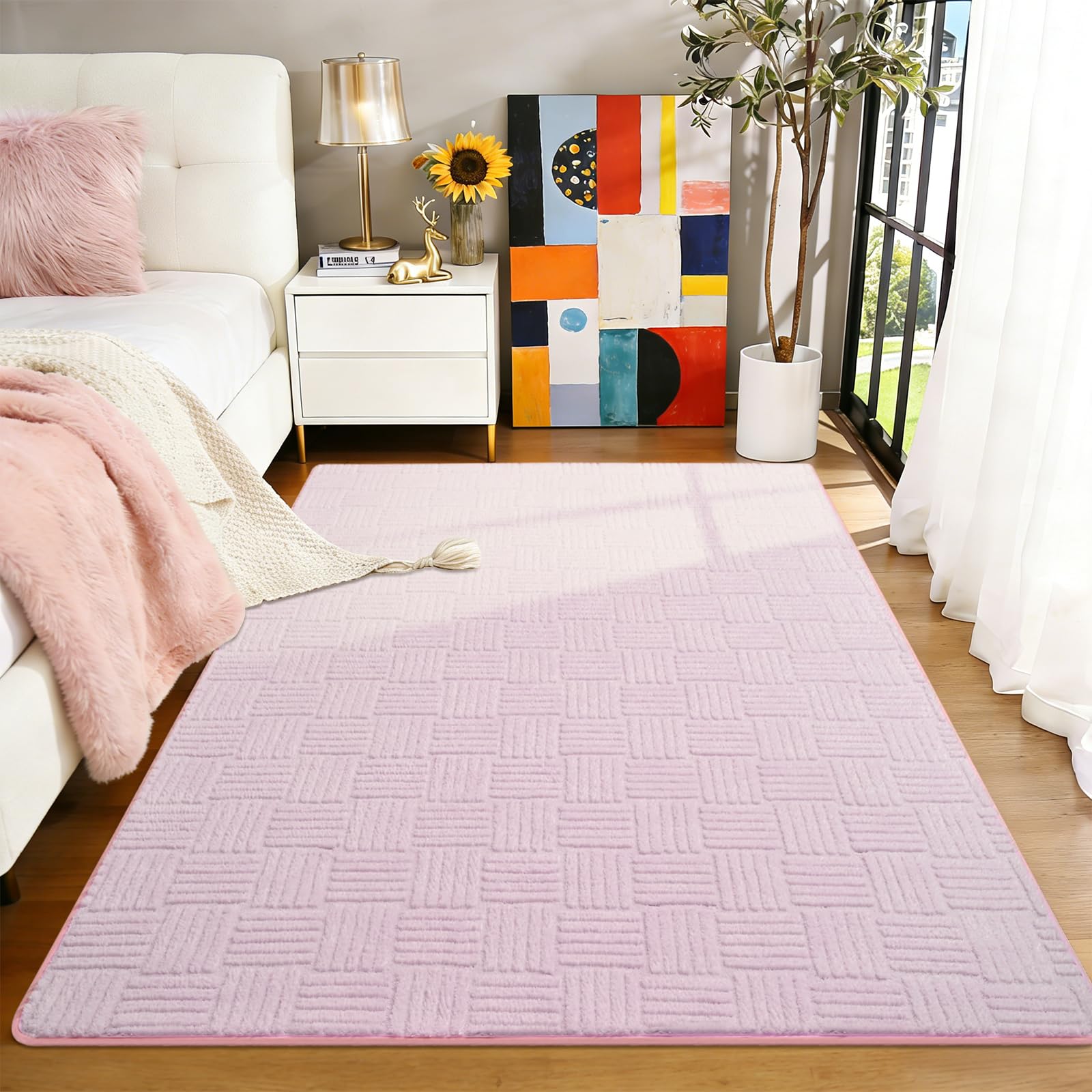 Flagover 3x5 Pink Washable Shag Area Rug for Girls Bedroom, Modern Geometric Non Slip Living Room Rugs, Fluffy Soft Thick Carpet for Kids Room, Dorm,