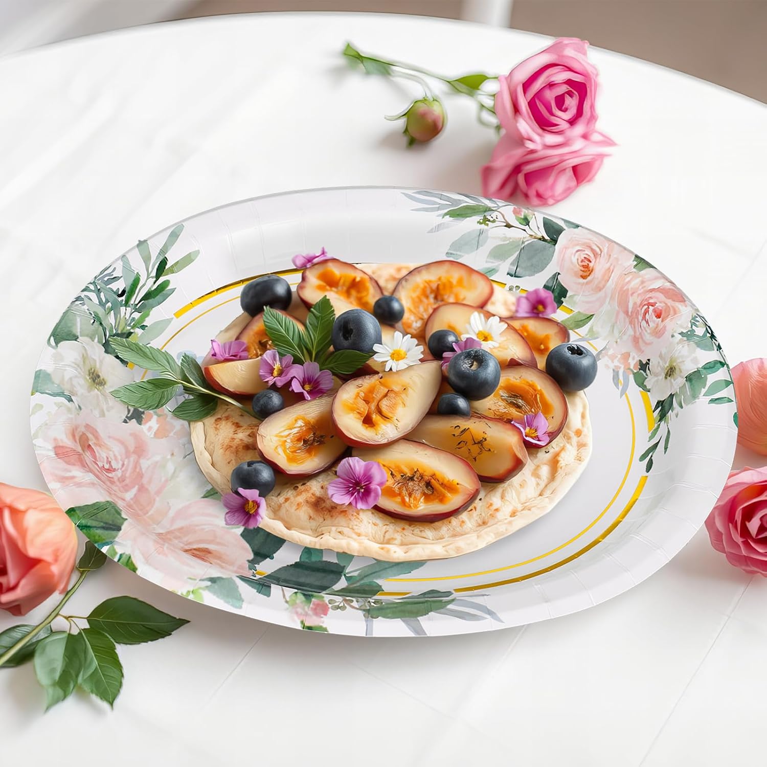 Whaline 50Pcs Spring Floral Oval Paper Plates Watercolor Pink Flower Gold Foil 10 x 12 Inch Large Disposable Heavy Duty Plate Tableware Dinner Plate for Wedding Anniversary Party Decor