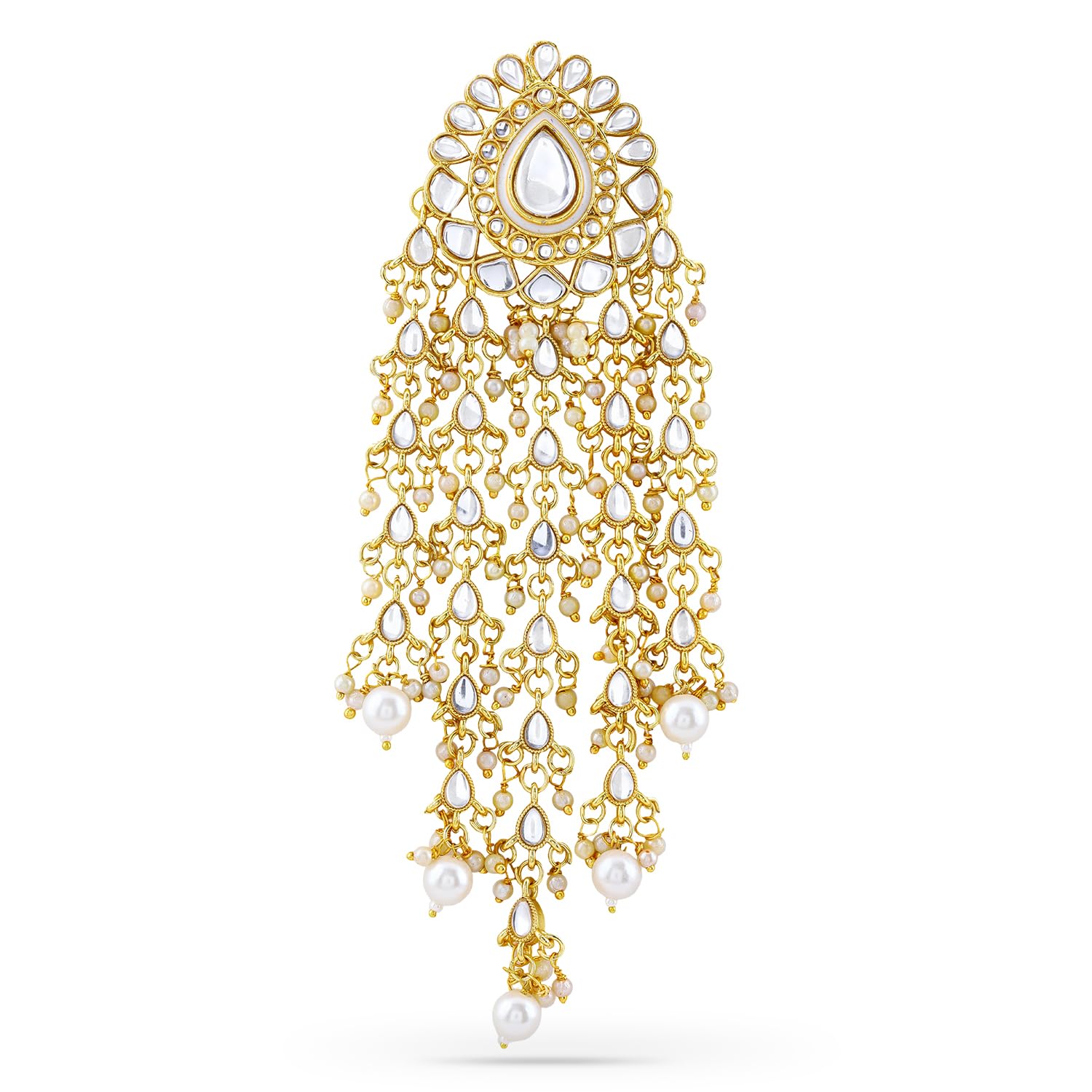 18K Gold-Plated Kundan & Pearl Beads Studded Teardrop Motif Multilayer Hair Accessory for Women & Girls – Perfect for Bridal & Festive Looks