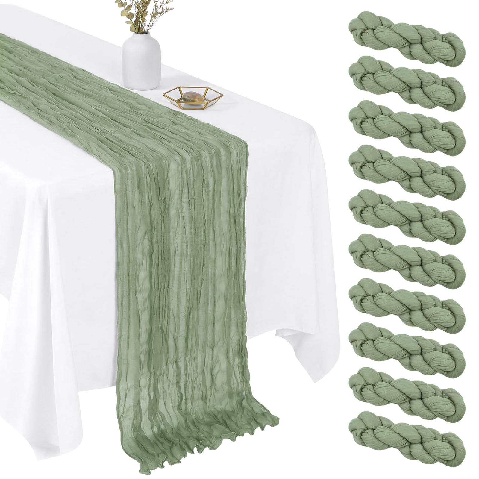 Photo 1 of 10 Pack Sage Green 17 x 108 Inch Cheesecloth Table Runner - Boho Gauze Sheer Fabric for Wedding Baby Shower Party Home Decor
