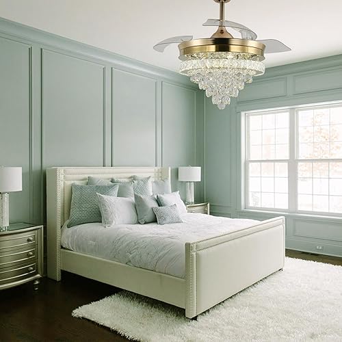 Miniatura 6 de Finktonglan Ventilador de techo de cristal dorado de 42 pulgadas con luz, modernos ventiladores de techo con luces de control remoto LED retráctil