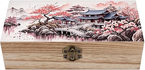 Oriental Temple Garden - Caja de almacenamiento de madera con cerradura con bisagras, baúl decorativo hecho a mano, elegantes cajas de decoración