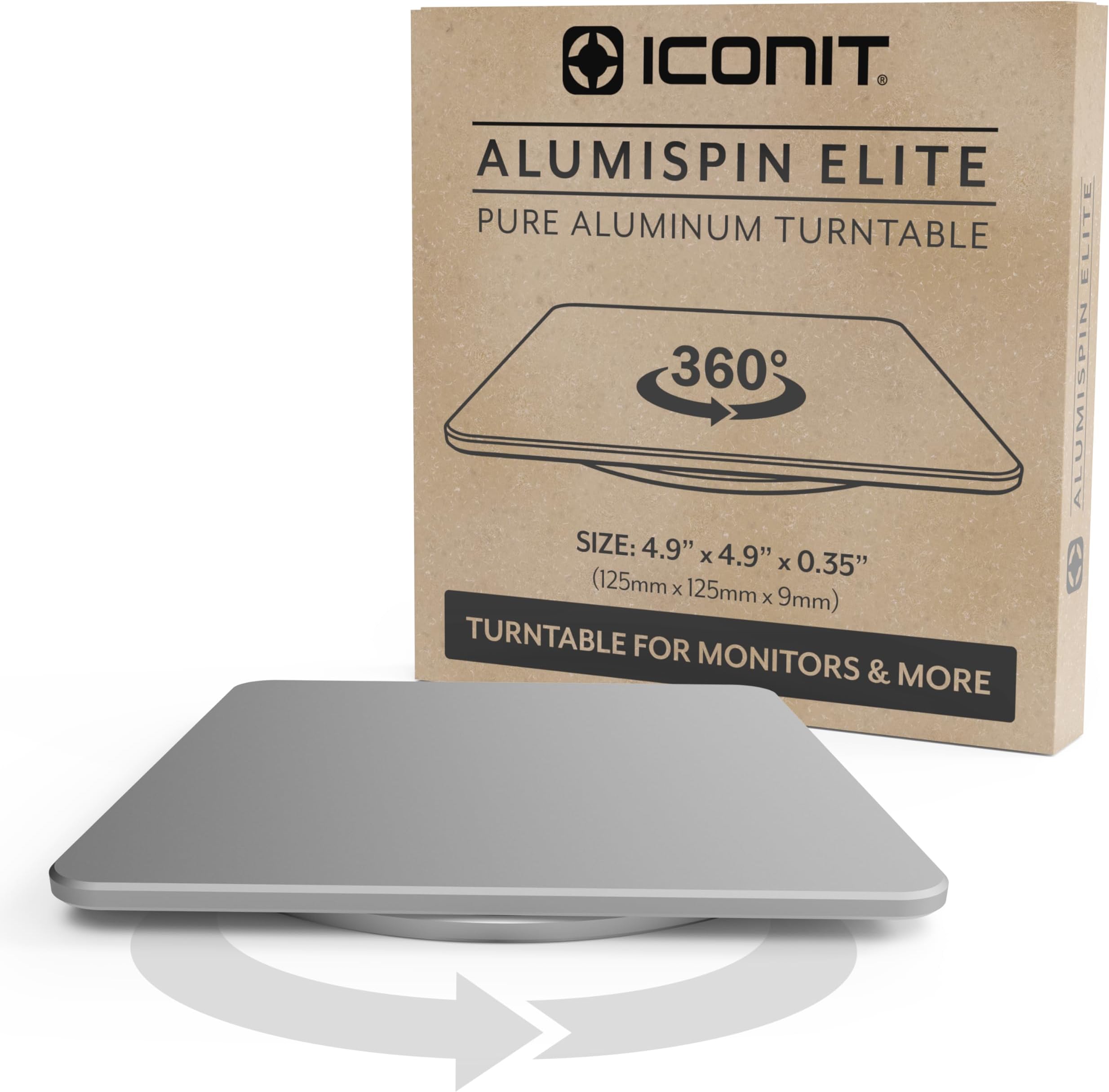 ICONIT Alumispin Elite Monitor Turntable - 5"x5" | Pure Aluminum 360° Swivel Base | Square Design for iMac, Monitors, & Screens up to 34" | Thin, Modern, & Ultra Durable | Great for Electronics,