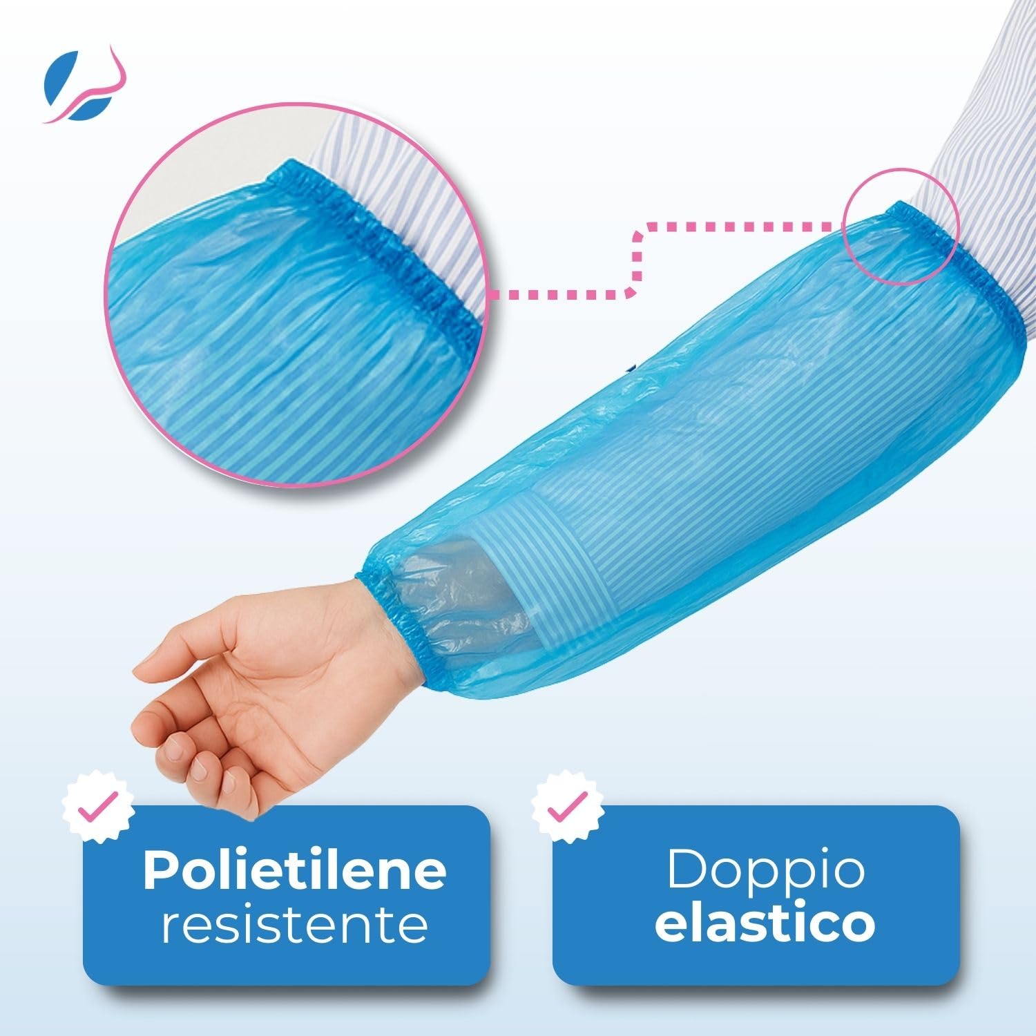 100 Manicotti per Braccia Monouso in Polietilene, Resistenti e Impermeabili con Doppio Elastico, Ideali per Lavoro e Uso Domestico, 16x40 cm, Azzurro