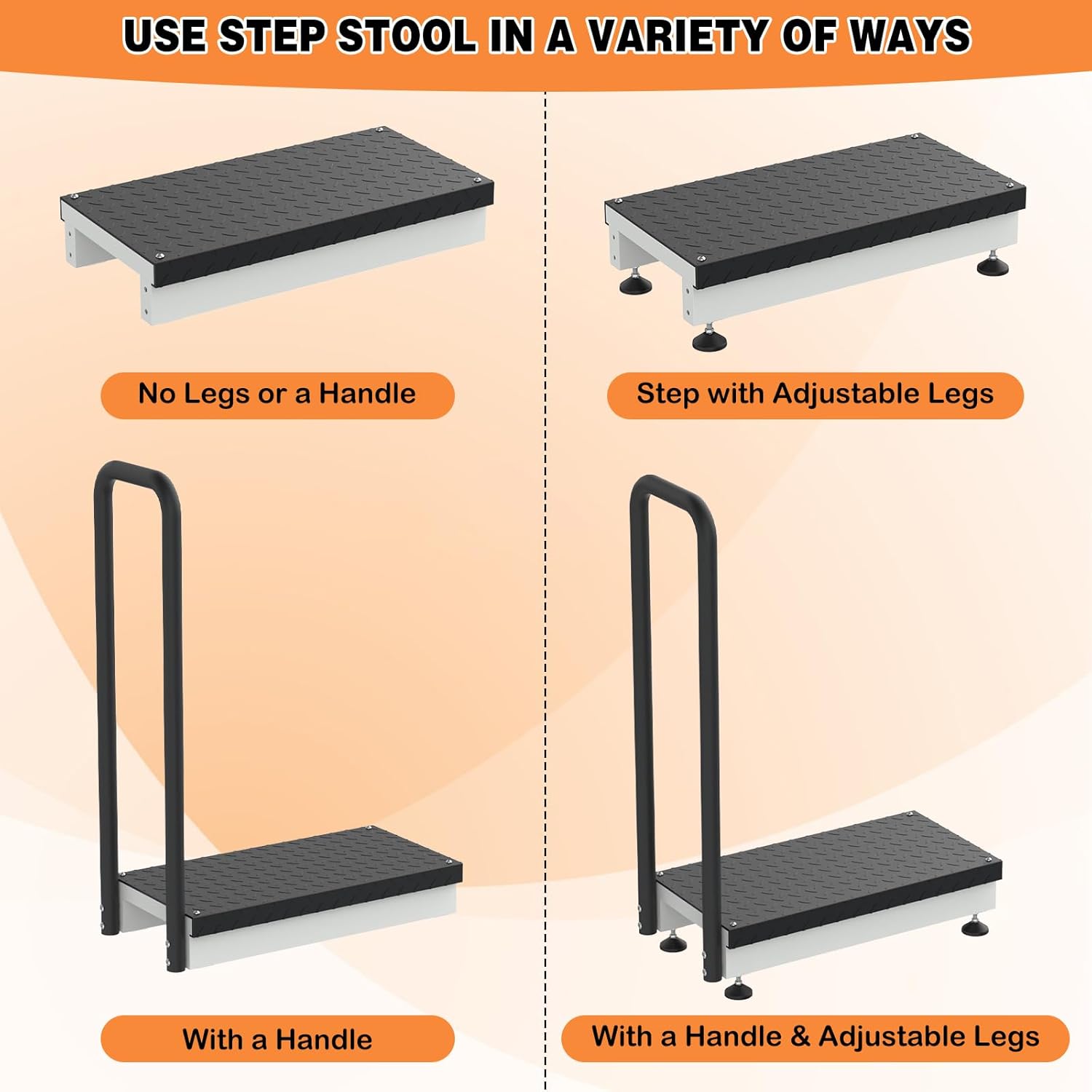 Adjustable One Step Stool with Handle for Elderly Adults Safety, Heavy Duty Bed Step with Non-Slip Platform for High Beds/Doorway/Kitchen/Closet(Black Platform)