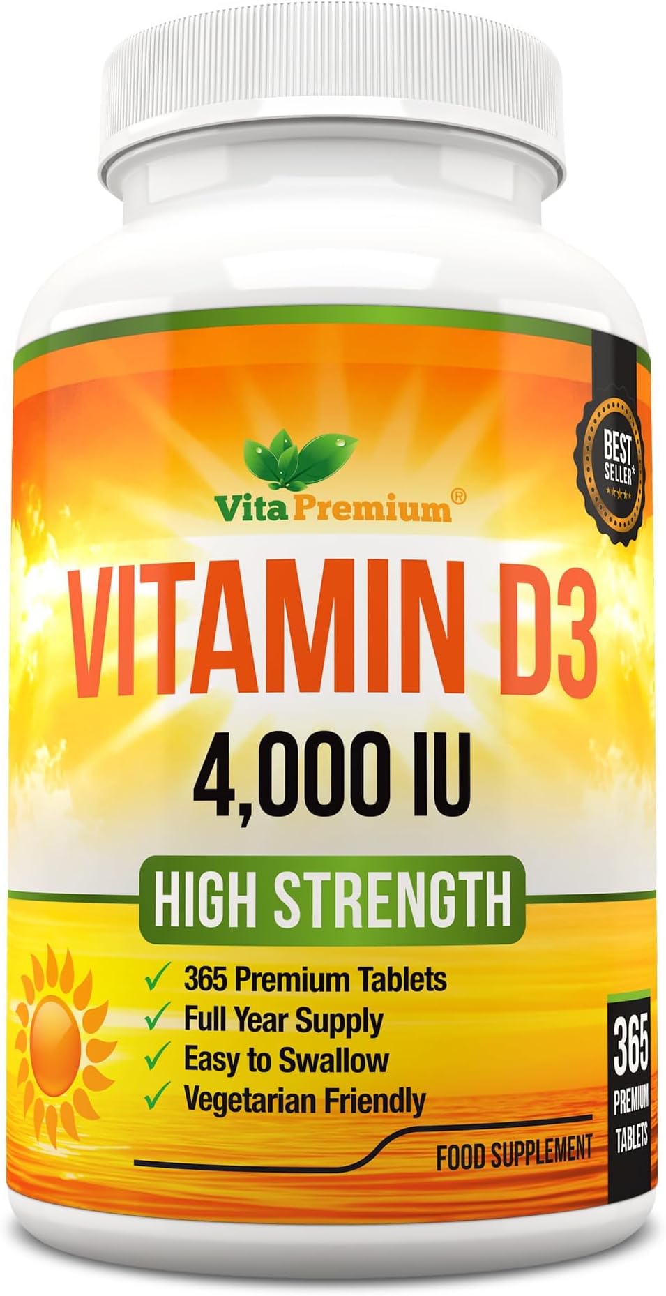 Vitamin D 4,000 IU Tablets, Maximum Strength Vitamin D3 Supplement, 365 Easy to Swallow Tablets - Full Year Supply
