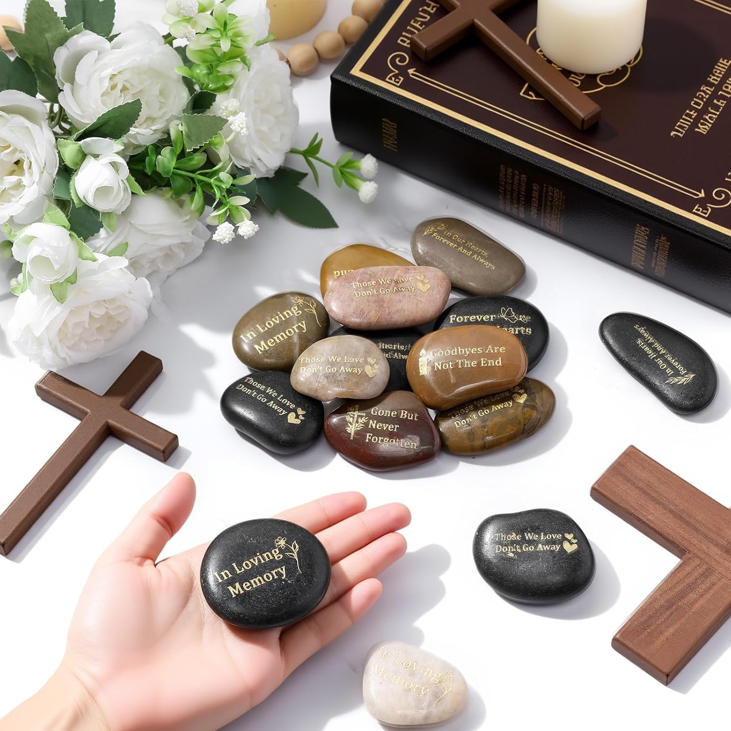 60 Pcs Memorial Stone 1.97 Inch Celebration of Life Favor Inspirational River Rock Engraved in Loving Memory Funeral Favor Decoration for Memorial Day Lincoln's Birthday Gifts (Deep Color)