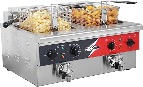 CROSSON Freidora eléctrica de doble tanque de 12 litros con drenaje, cesta sólida y tapa para restaurantes y uso doméstico, freidora comercial de