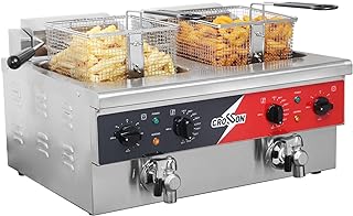 CROSSON Freidora eléctrica de doble tanque de 12L con drenaje, cesta sólida y tapa para uso en restaurantes y hogares, 120 V, freidora comercial de acero inoxidable de 3600 W (EF-6V-2)
