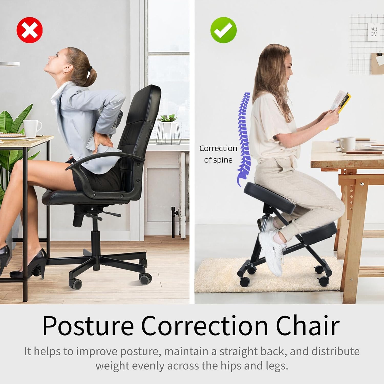 YOXIER Kneeling Chair,Meditation Chair,Posture Chair to Relieve Neck & Back Pain, Brake and Smooth Gliding Casters, Knee Chair Ergonomic,Posture Office Chair with an Angled Seat and Casters Black
