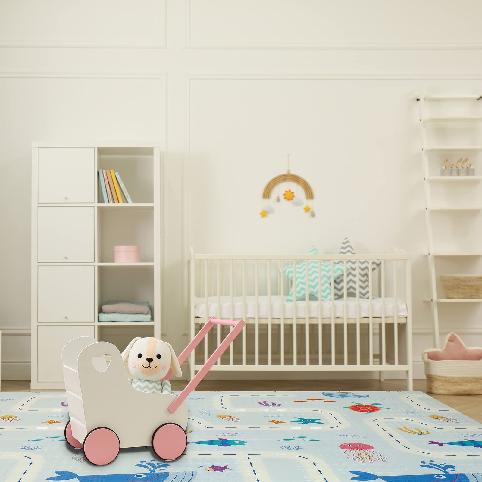 CCLIFE Tapis de Jeux Bebe Pliable Reversible Tapis éveil Bébé 196x176x1cm Impermeable Tapis Enfant Ramper,Color:Souris et poisson