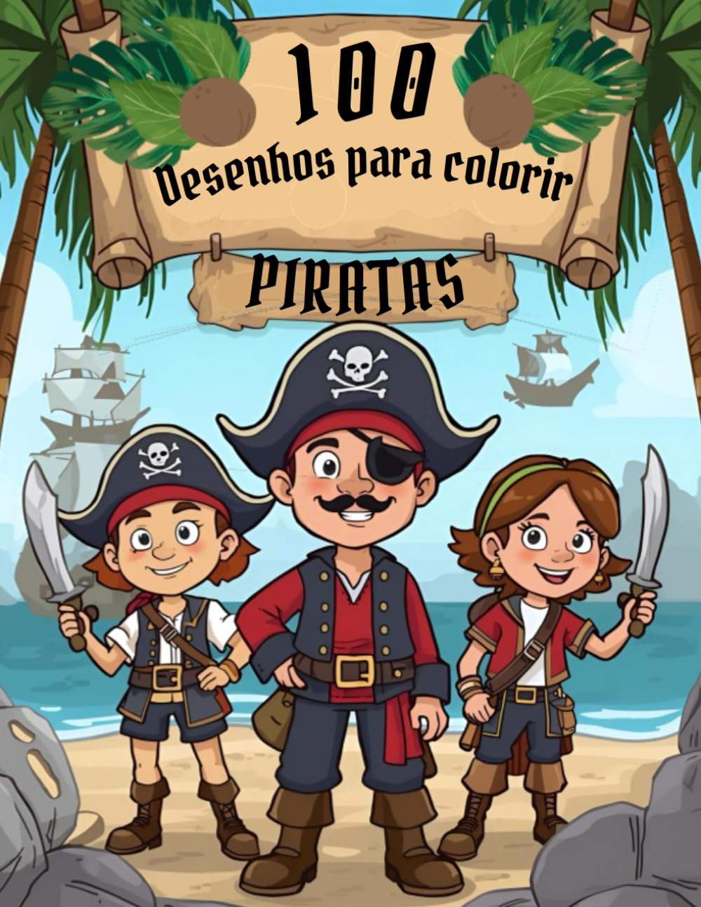 Livro de colorir infantil piratas e ilhas com 100 desenhos