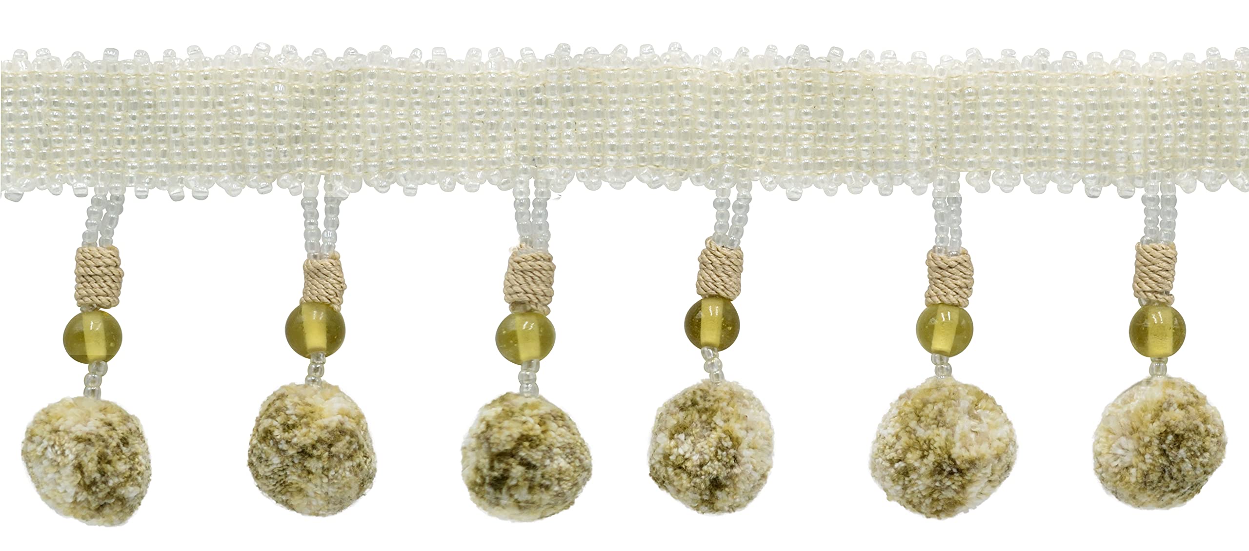 Bordure de franges en perles de verre anti-noircissement pompon Ivoire