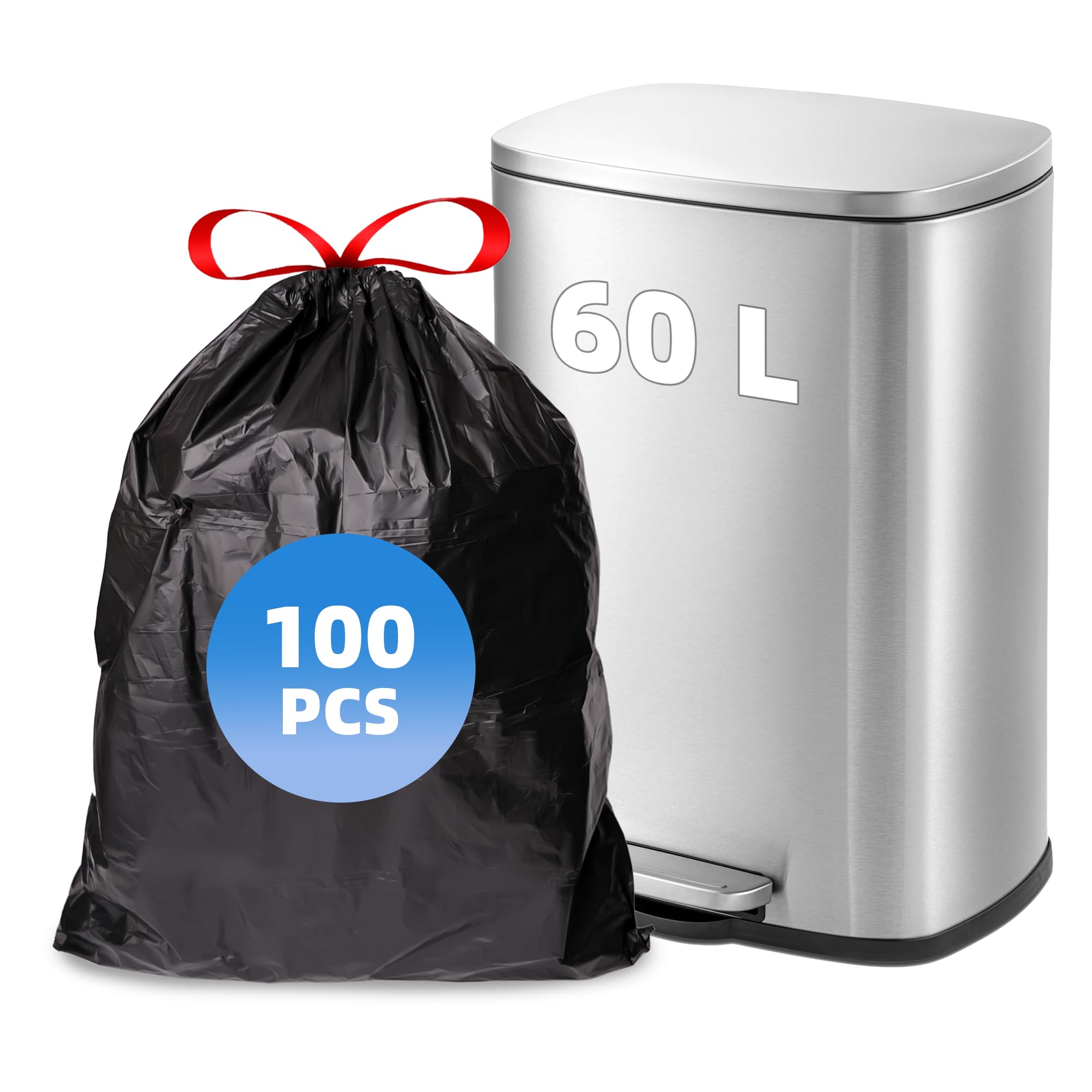 TARUNMO 13+ Gallon Ultra Strong,Drawstring Trash Bags Heavy Duty,Trash Bags Tall Kitchen Large Black Garbage Bags (100)