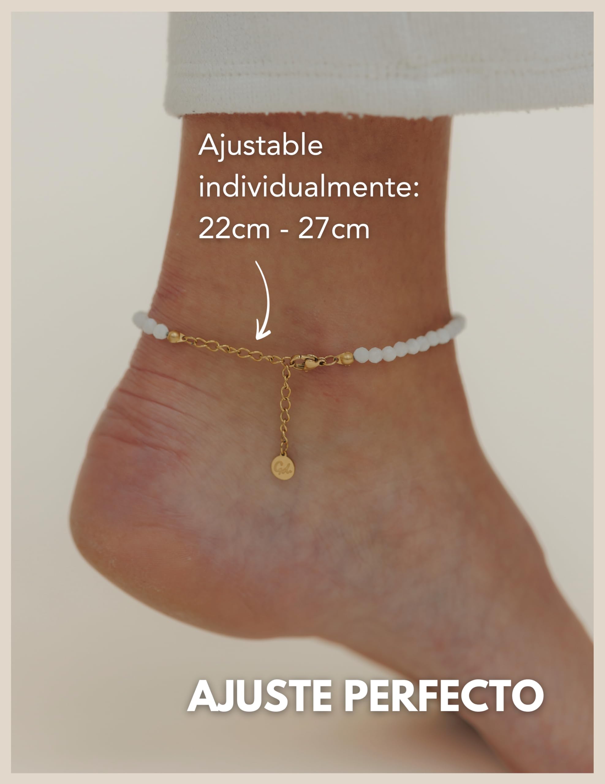 GD GOOD.designs Tobilleras para mujer con cuentas de jade auténtico 4mm - Impermeable - Tobillera de piedra natural de color con cierre ajustable en oro de 18K
