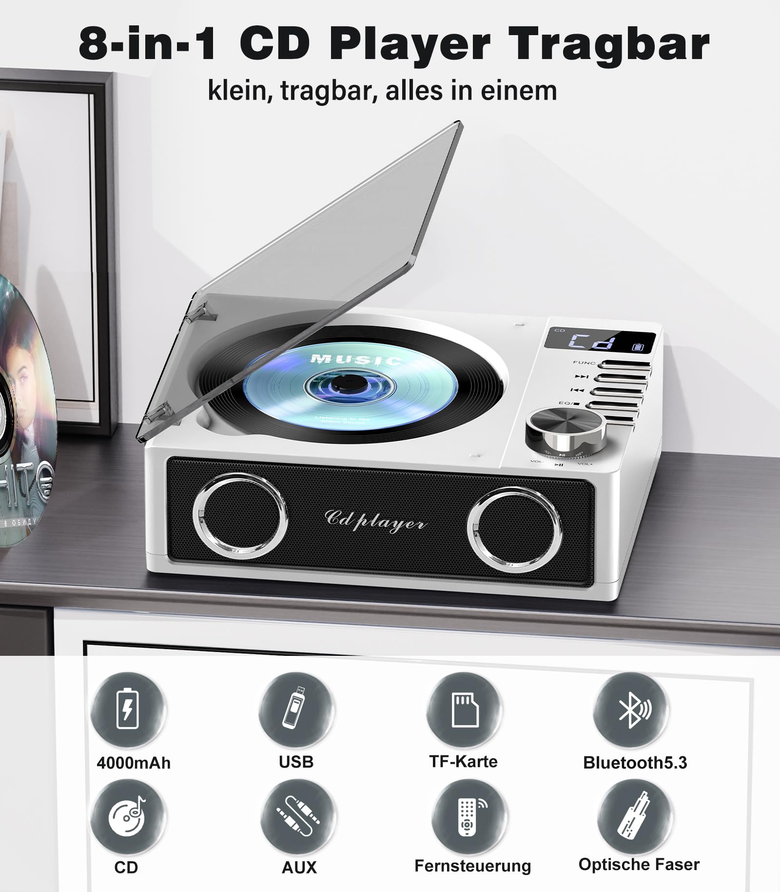 Greadio CD Player Tragbar mit Bluetooth 5.3, 4000mAh Wiederaufladbarer CD-Player mit Fernbedienung, HiFi-Sound-Lautsprecher, unterstützt USB, TF, AUX, LED-Display für Zuhause/Geschenk (Weiß)