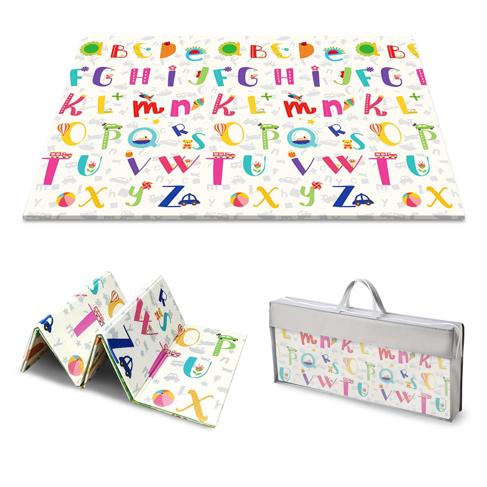 Q-MIULIKE Foldable Baby Play Mat, Extra Large Waterproof Baby Play Mat for Babies, Toddlers and Infants, Floor Mat with Travel Pouch (Alphabet Model (70.8x78.7x0.39 inches)