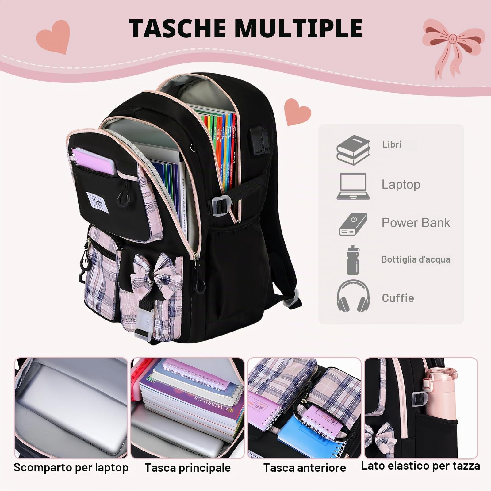 Zaino Scuola Bambina Elementare e Media Ragazza, 2PCS Zaini Grande Viaggio