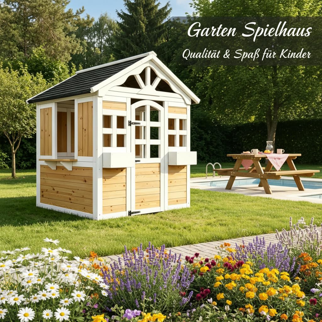 Massivholz Kinderspielhaus Outdoor 132cm Wetterfest mit Verkaufsfenster | Stabiles Holz-Spielhaus für Garten. 132cm hoch, EN 71 geprüft. Mit Marktstand & Pflanzkasten für kreatives Rollenspiel.