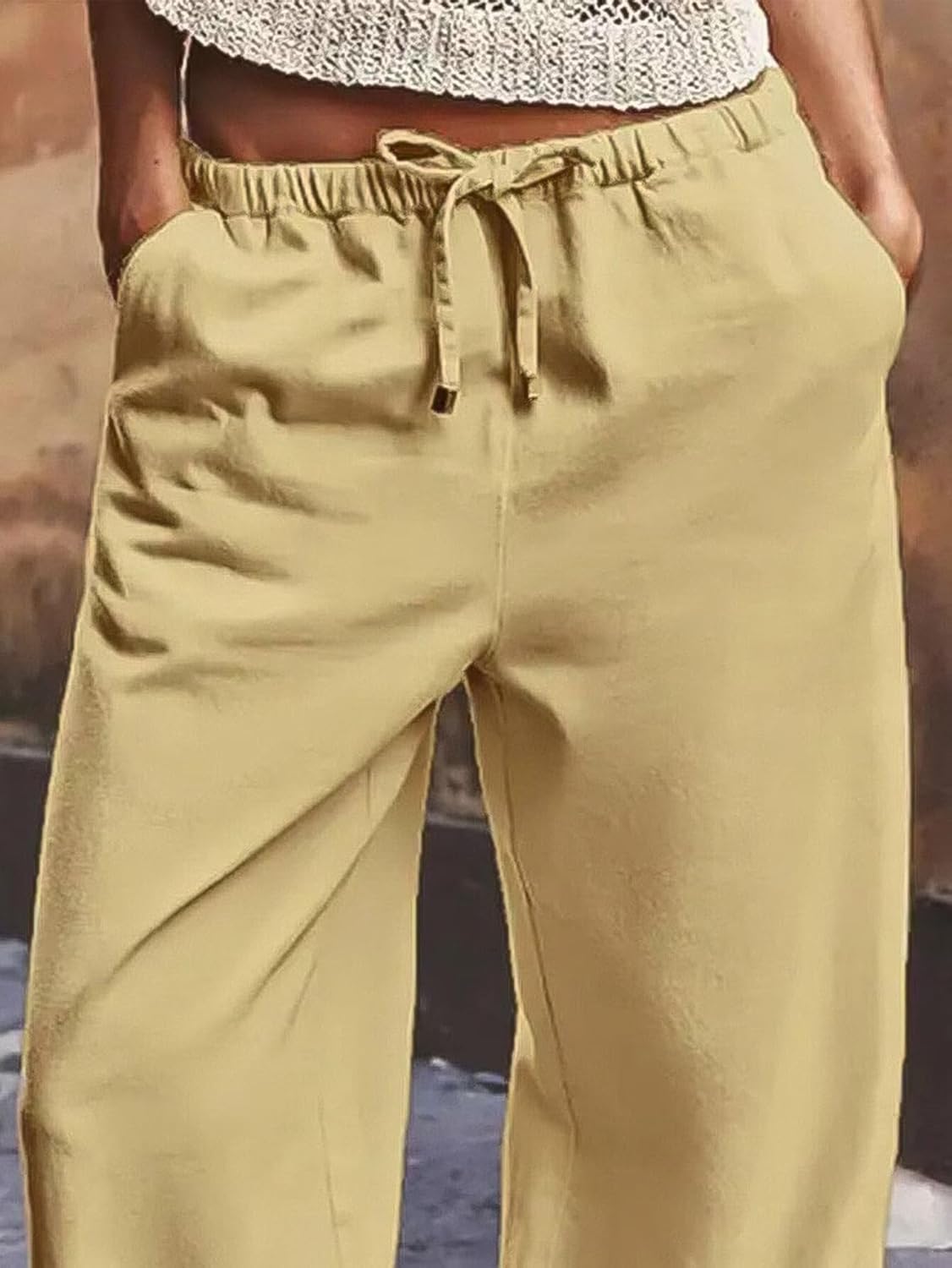 Flamingals Women's Straight Leg Pants Baggy Mid Waist Casual Solid Drawstring Eyelet Waist Slant Pocket Pants