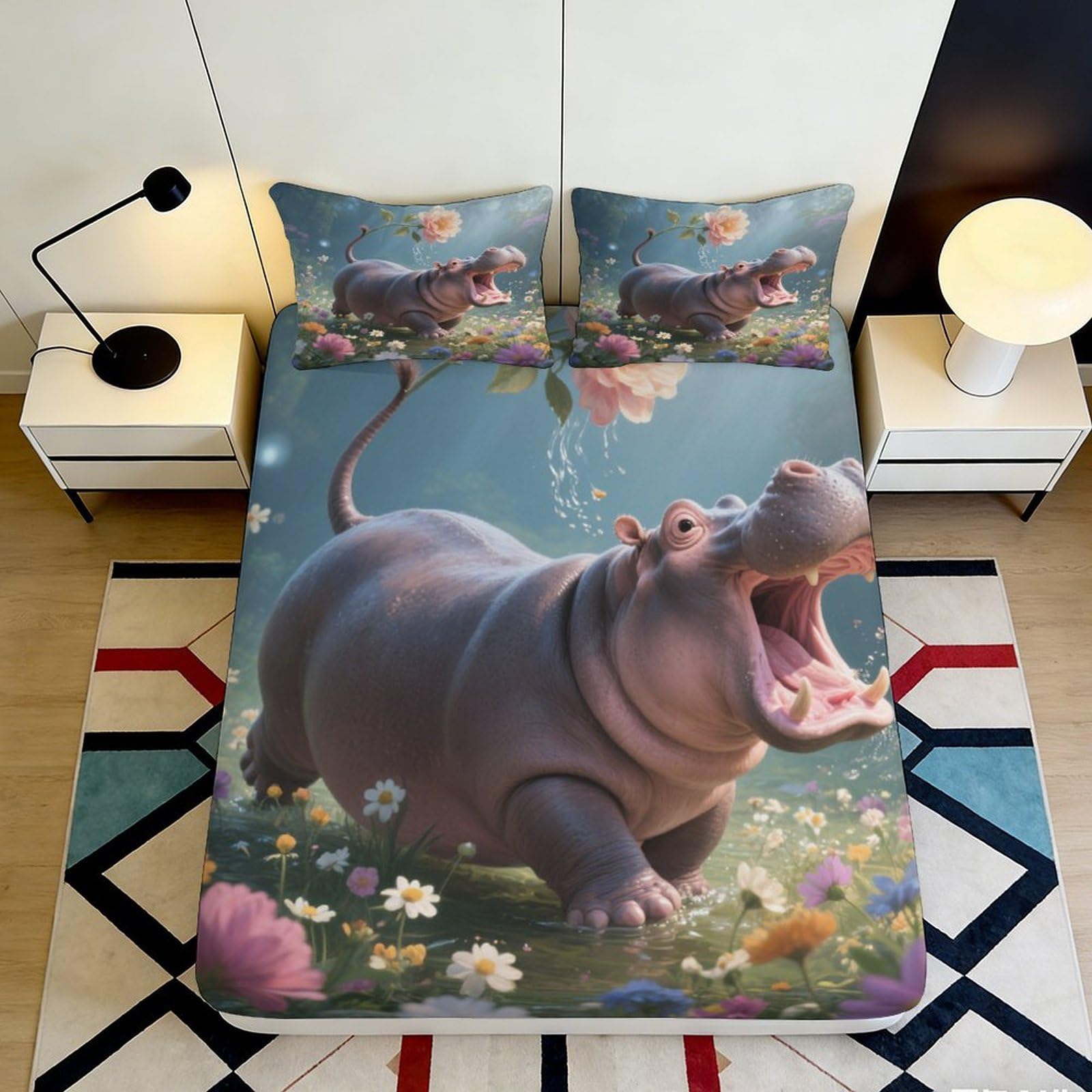 3D Printed Cartoon Hippo Fitted Sheet Microfiber Soft Non-slip Floral Meadow Mattress Cover for Bedroom Guest Room Dorm Protection 120x200x25cm