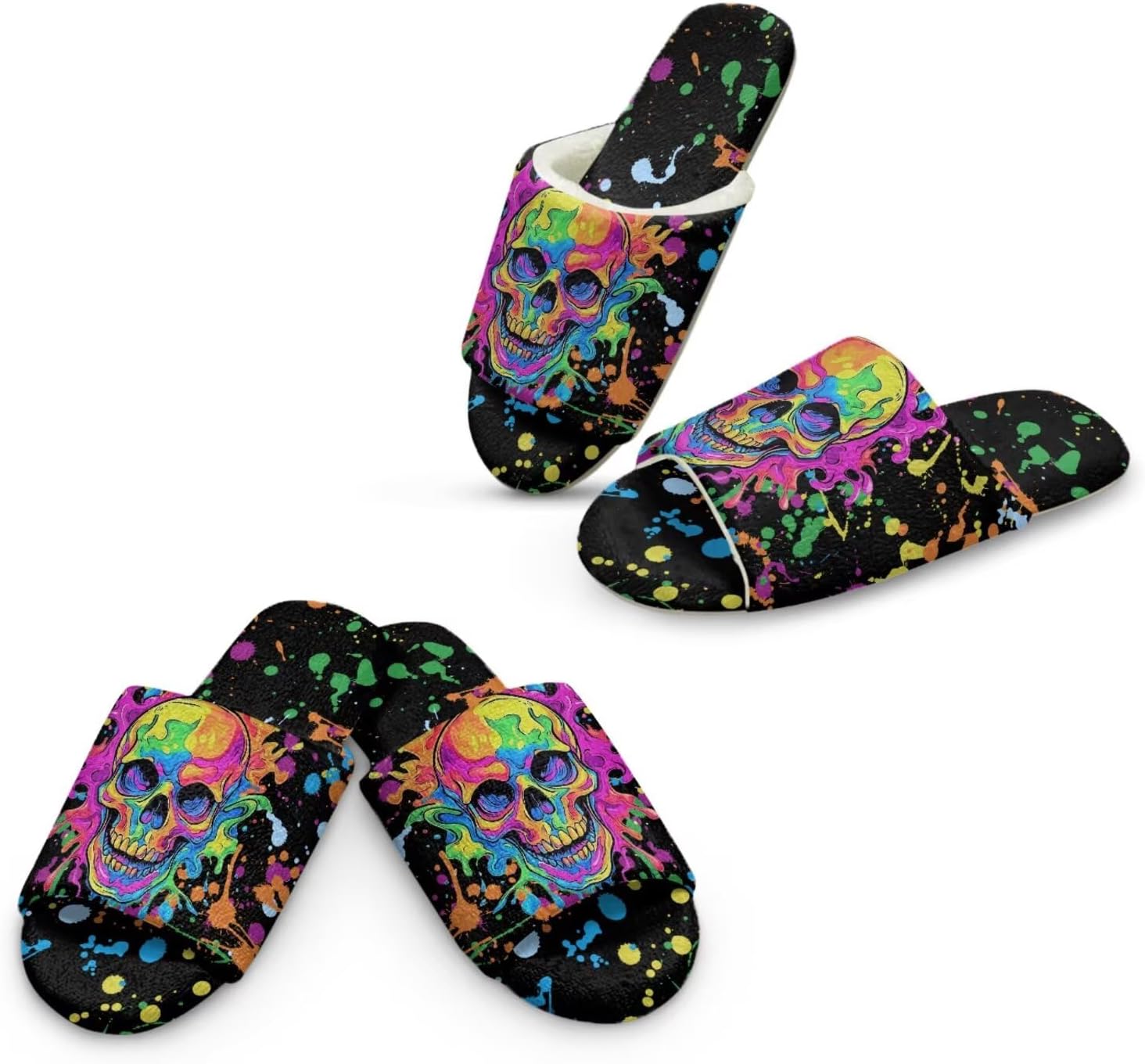 Jeiento 2Pairs Spa Slippers for Women Men Guest Winter Open Toe Fuzzy Slippers Home Shoes Skull Pattern
