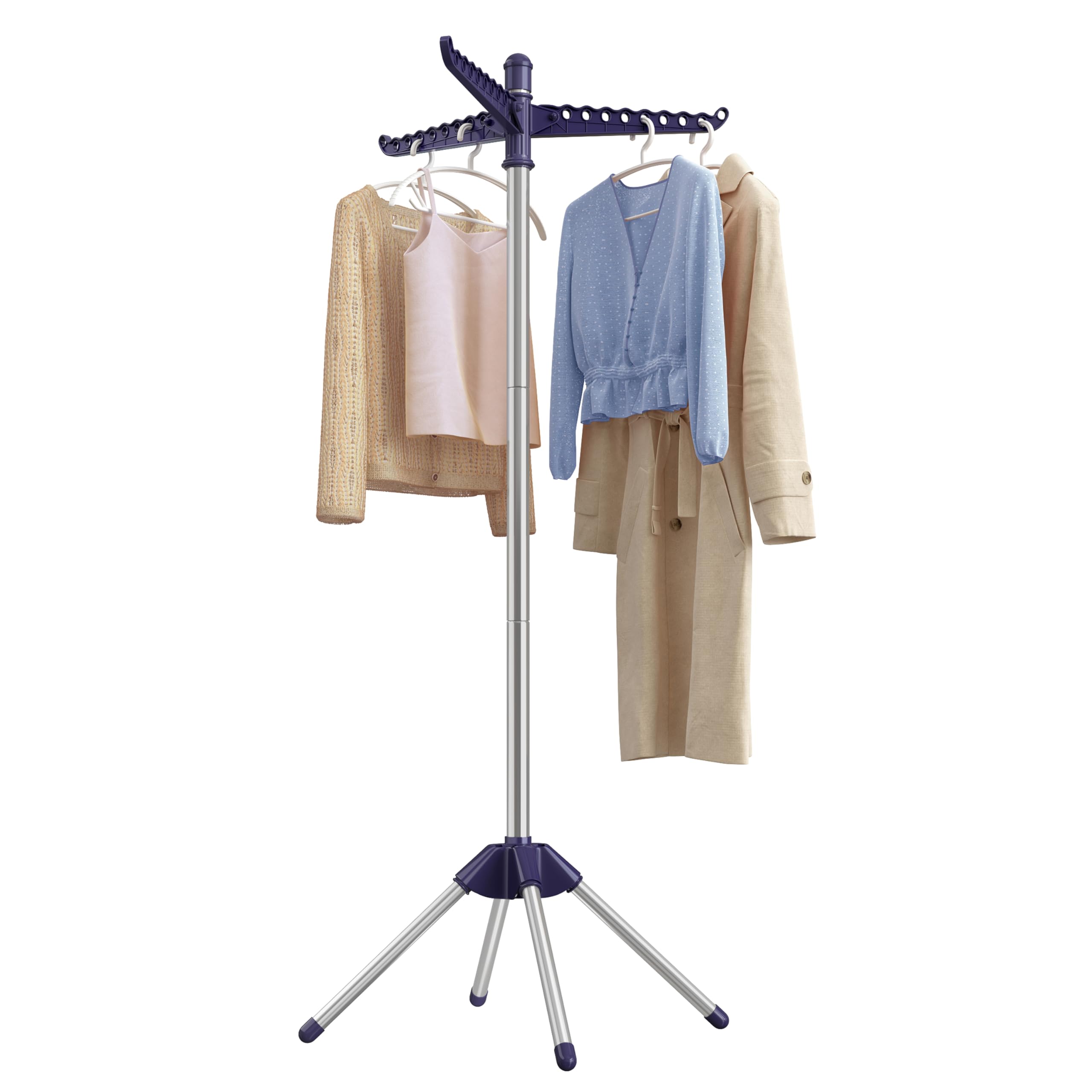 SONGMICS Clothes Airer, Clothes Drying Rack with 3 Rotatable Arms for Hangers, 4-Leg Indoor Folding Laundry Rack, Stainless Steel, for Clothes and Socks, 150 cm High, Blue and Silver LLR510Q01
