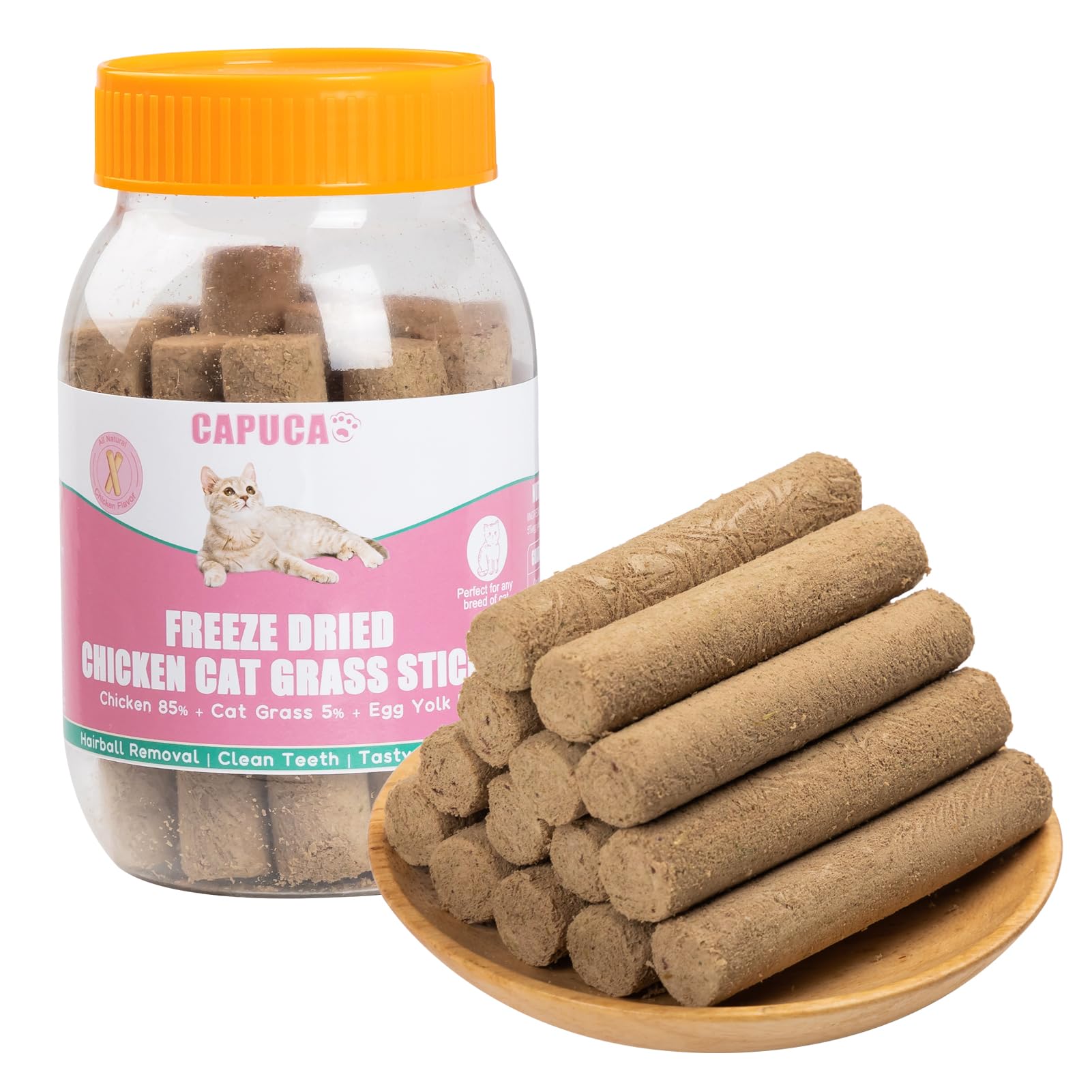 capuca Cat Grass Teething Stick 90g - Freeze Dried Chicken Dental Treats, High Protein for Teeth Cleaning, Hairball Control & Catnip Chews