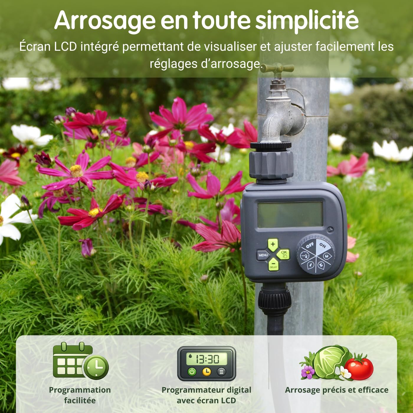 Jardibric - Programmateur Arrosage Digital 36 Programmes - Minuteur Arrosage Automatique avec Rain Delay Débit 1320 L/h