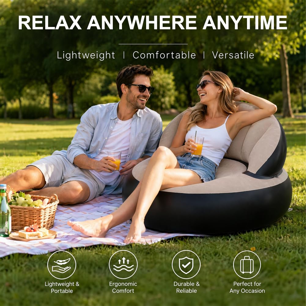 CEWROM Canapé gonflable 2 en 1 avec surface floquée, imperméable, fauteuil portable avec pompe pour salon, extérieur, camping, plage, voyage, canapé, pouf (gris)