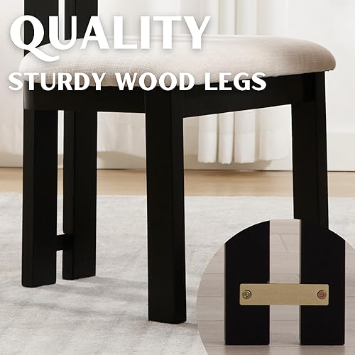 Miniatura 6 de Juego de 4 sillas de comedor, sillas tapizadas modernas para cocina y comedor con respaldo curvo y patas de madera negra, color beige Lino beige;