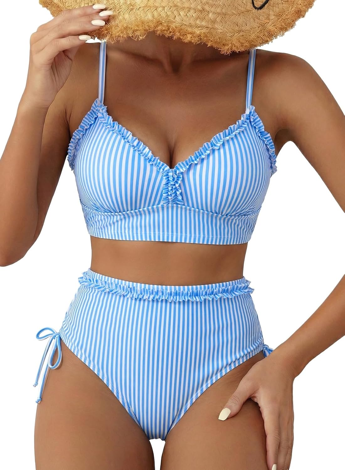 Herseas Women's Splice Ruffle Trim Bikini Sets Tie Side Swimsuits High Waisted Bathing Suits