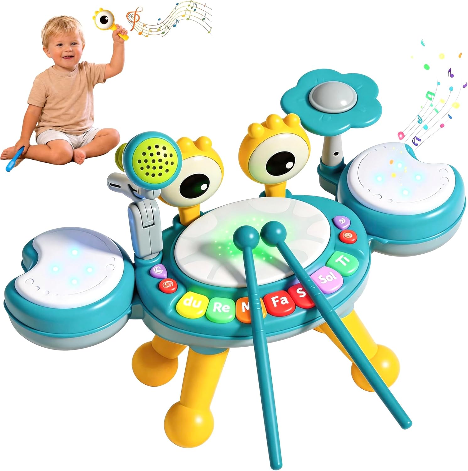 Drum Set for Toddlers 1-3, Kids Drum Set with Light Up Microphone & 2 Sticks, Musical Instruments Montessori Learning Toys for6 9 12 18 Months, Kids Toys 1 Year Old Birthday Gift