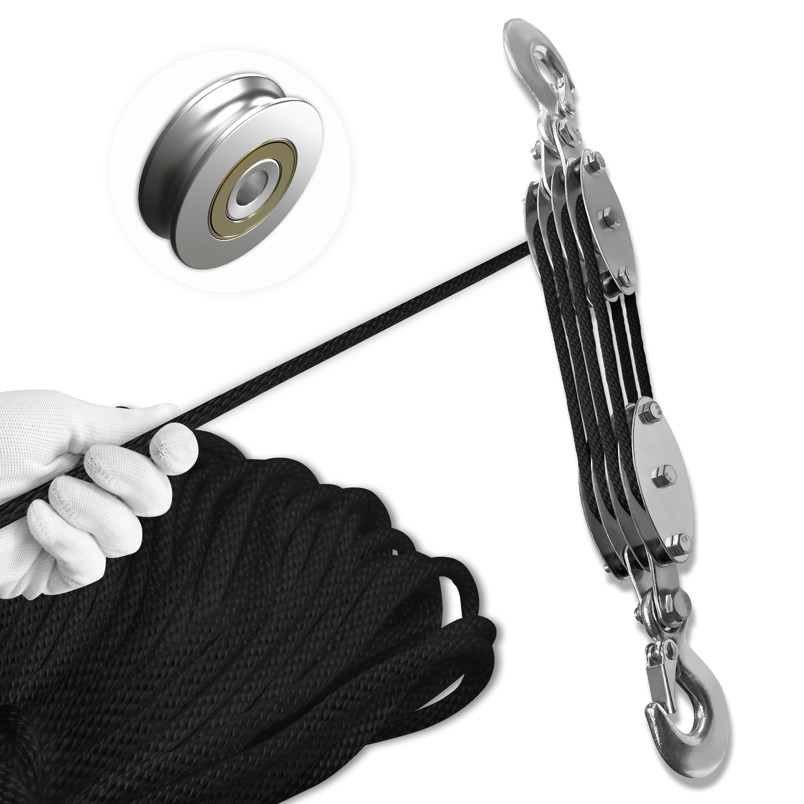 Block and Tackle Pulley System, Upgraded 4-Wheel Rope Pulley Hoist, 8:1 Lifting Power, 2200LB Work Load with 65Ft of 1/4" Rope, Ultra-Compact Rope Hoist for Garage, Hunting, and Heavy Lifting