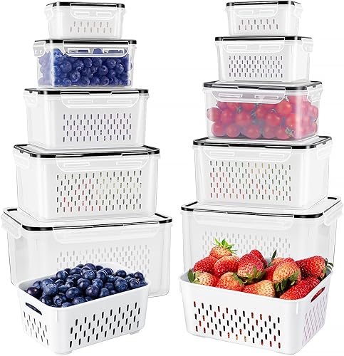 Freshmage Contenedores de almacenamiento de frutas para refrigerador con colador extraíble, recipiente hermético para almacenamiento de alimentos,