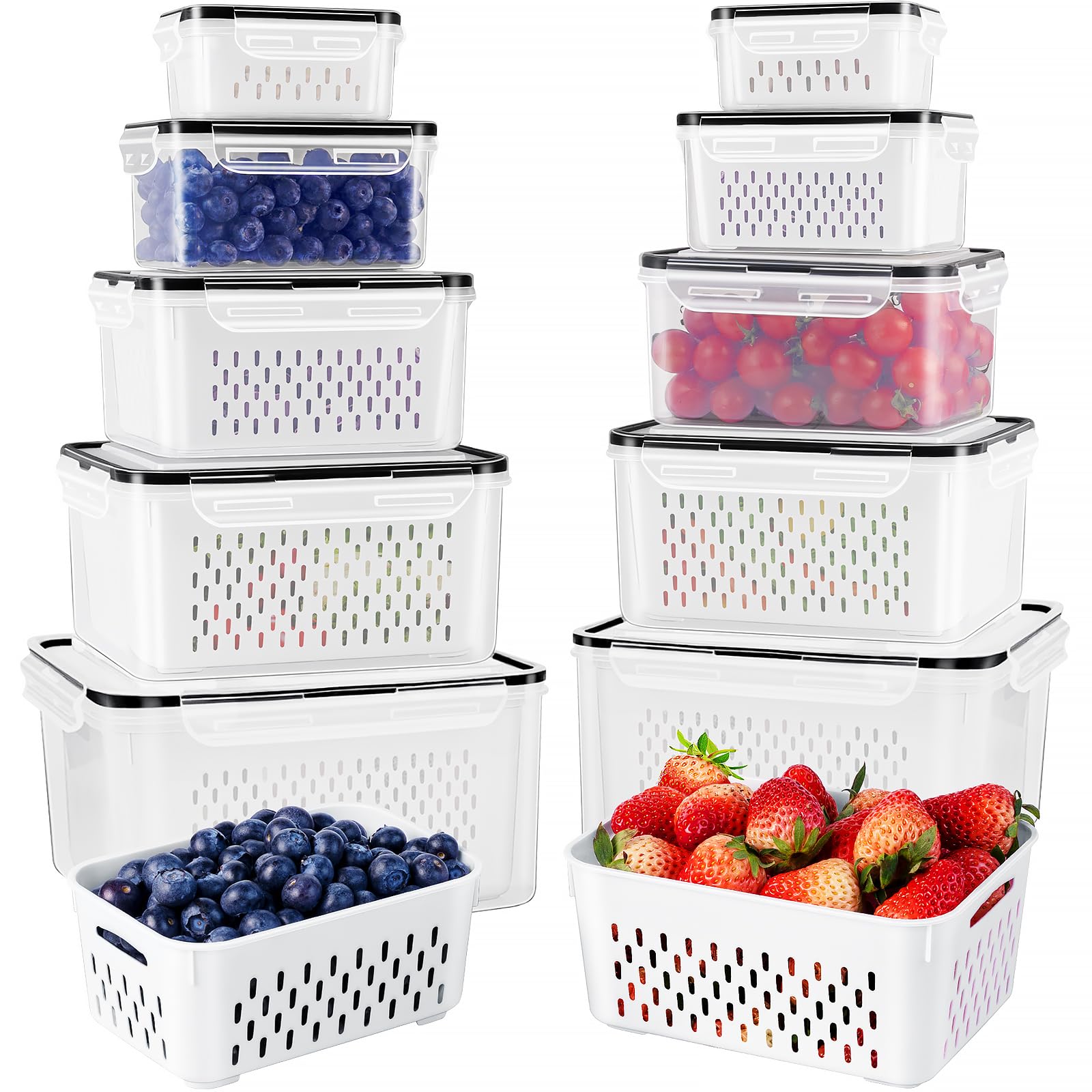 Freshmage Fruit Storage Containers for Fridge with Removable Colander, Airtight Food Storage Container, Dishwasher Safe Produce Saver for Refrigerator, Keep Berry Fruit Fresh Longer 6 pcs Large Clear