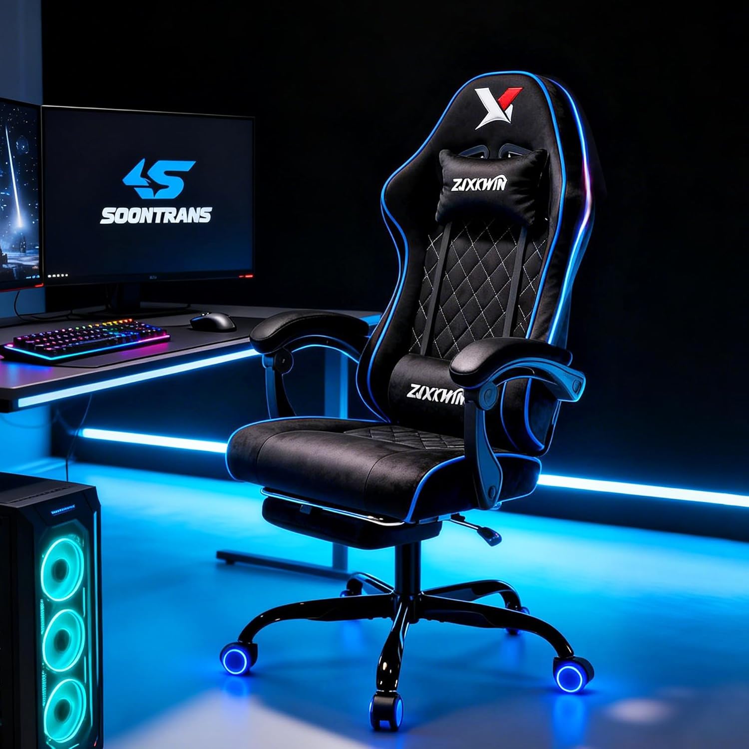 Velvet Gaming Chair, Ergonomic High Back Racing Chair with Footrest, Spring Wide Cushion, Adjustable Headrest & Lumbar Support, 90-135° Recline, 360° Swivel, 300lbs for Home Office, Blue