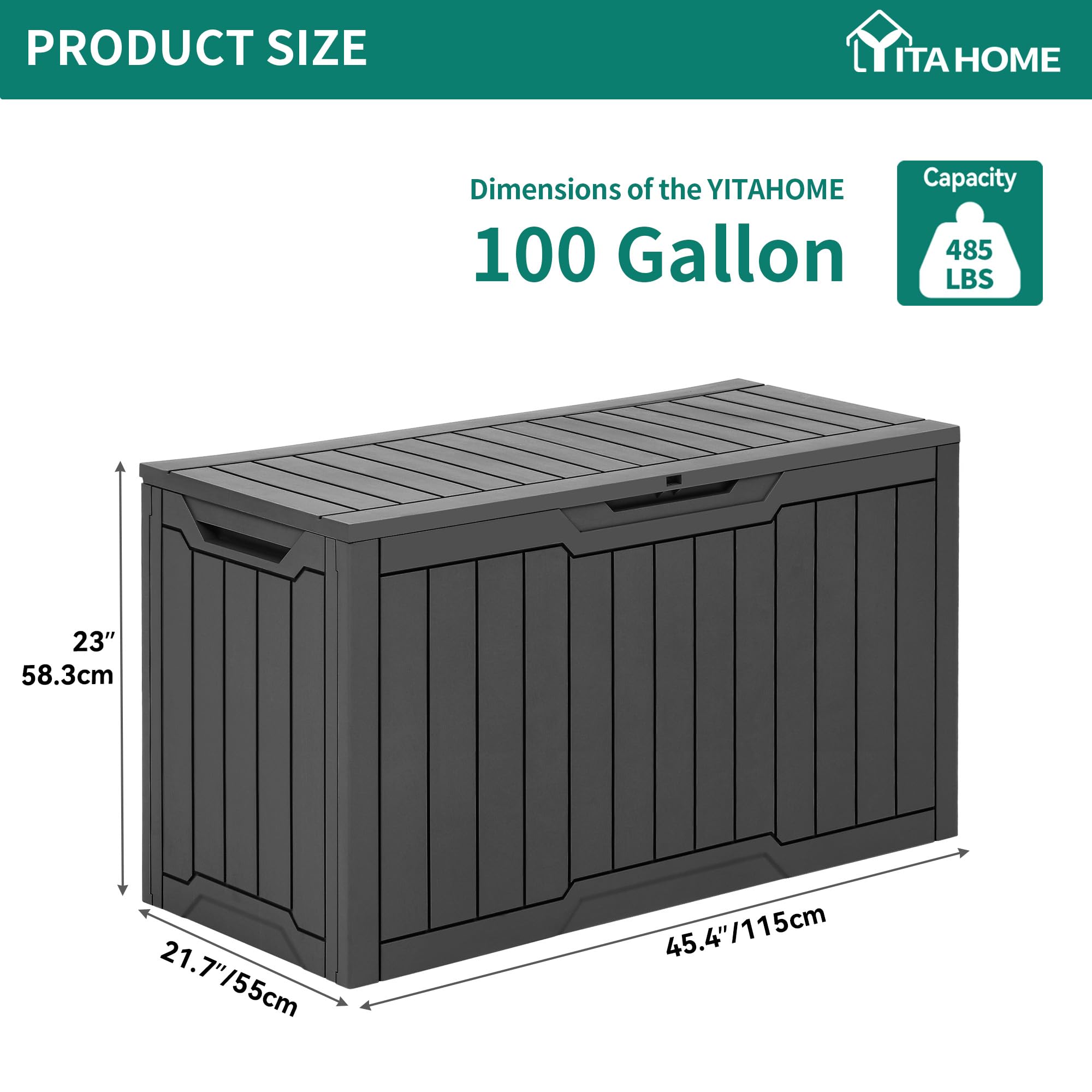 YITAHOME 100-Gallonen-Harz-Terrassenspeicherbox, wetterbeständige Outdoor-Speicherbox, abschließbare Innen- und Außenlagerung für Vorräte und Lebensmittel, dunkelgrau