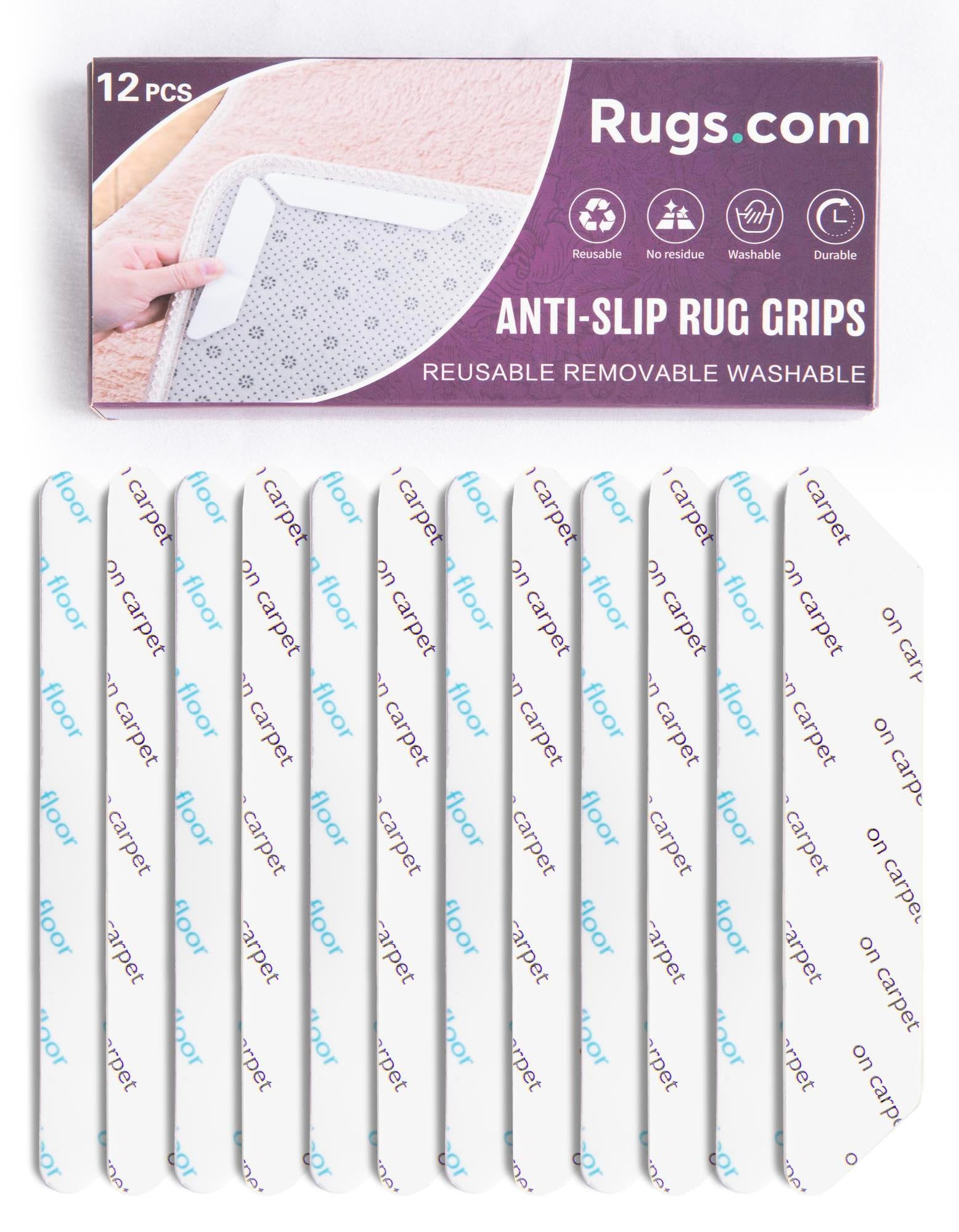 Rugs.com - 12 Stück Teppichband, rutschfeste Teppichunterlage, wiederverwendbar, waschbar, Greifer für Teppiche, doppelseitig, rutschfeste Teppichstopper für Hartholzböden, um ein Verrutschen zu