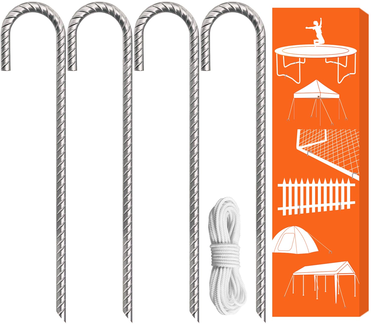 Eurmax USA 30,5 cm verzinkte Bewehrungsstäbe Heavy Duty J-Haken Zeltheringe Bodenanker für Trampolin, Überdachung, Zaun, 4 Stück (silberfarben)