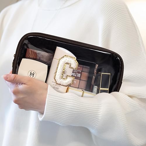 Miniatura 5 de Bolsa de maquillaje transparente grande con letra inicial personalizada, bolsa de maquillaje de nailon con parche preppy de chenilla, letra A-Z,
